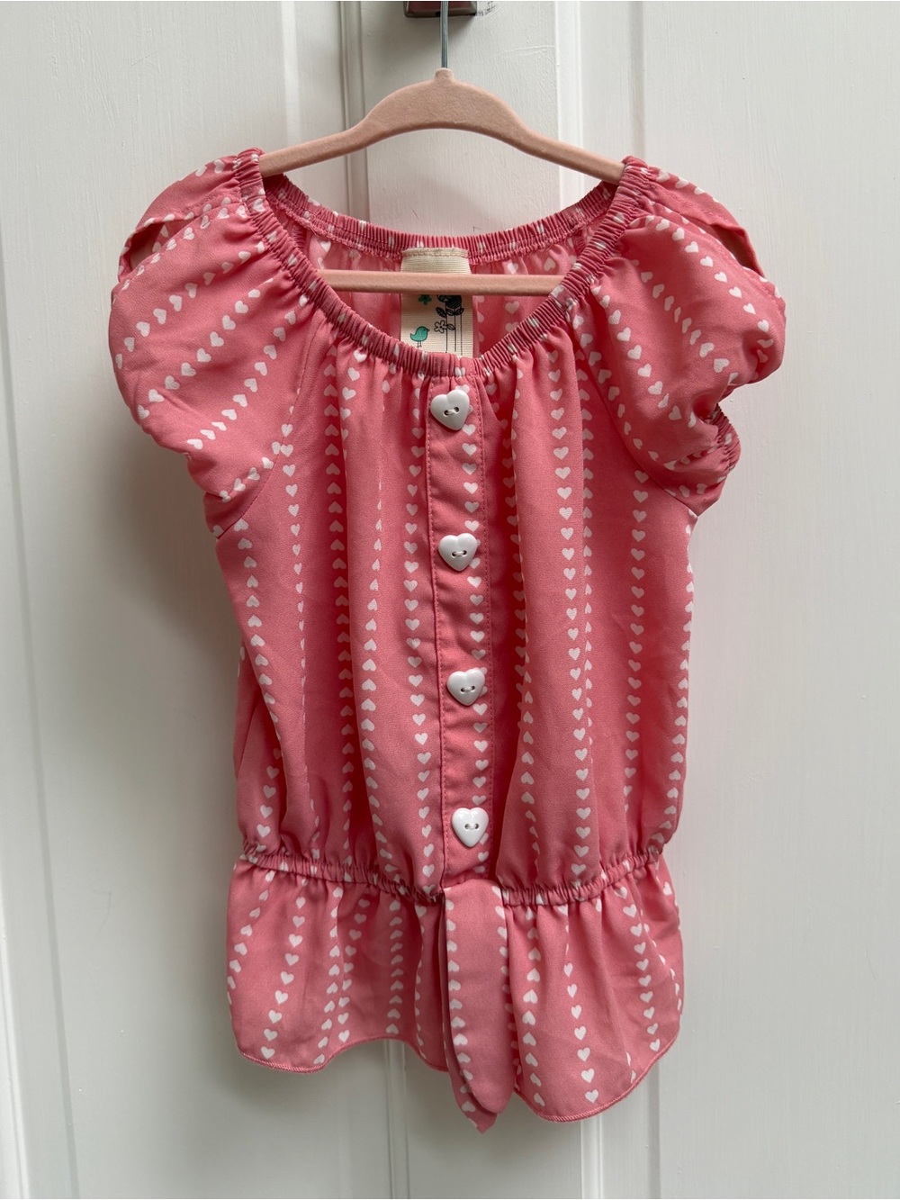 Lily Bleu Girls 5 Pink Heart-Button Peplum Open Short Sleeve Top Blouse Shirt
